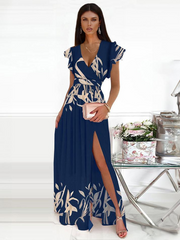 V-Neck Surplice Tank Flutter Sleeves Maxi Prom Dress