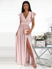 V-Neck Surplice Tank Flutter Sleeves Maxi Prom Dress