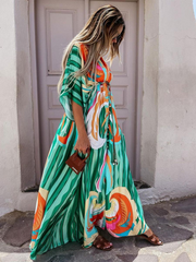 V-Neck Batwing Bohemian Printed Long Beach Cover-Up Dress