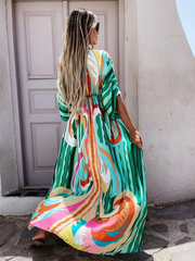 V-Neck Batwing Bohemian Printed Long Beach Cover-Up Dress