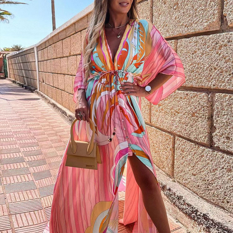 V-Neck Batwing Bohemian Printed Long Beach Cover-Up Dress