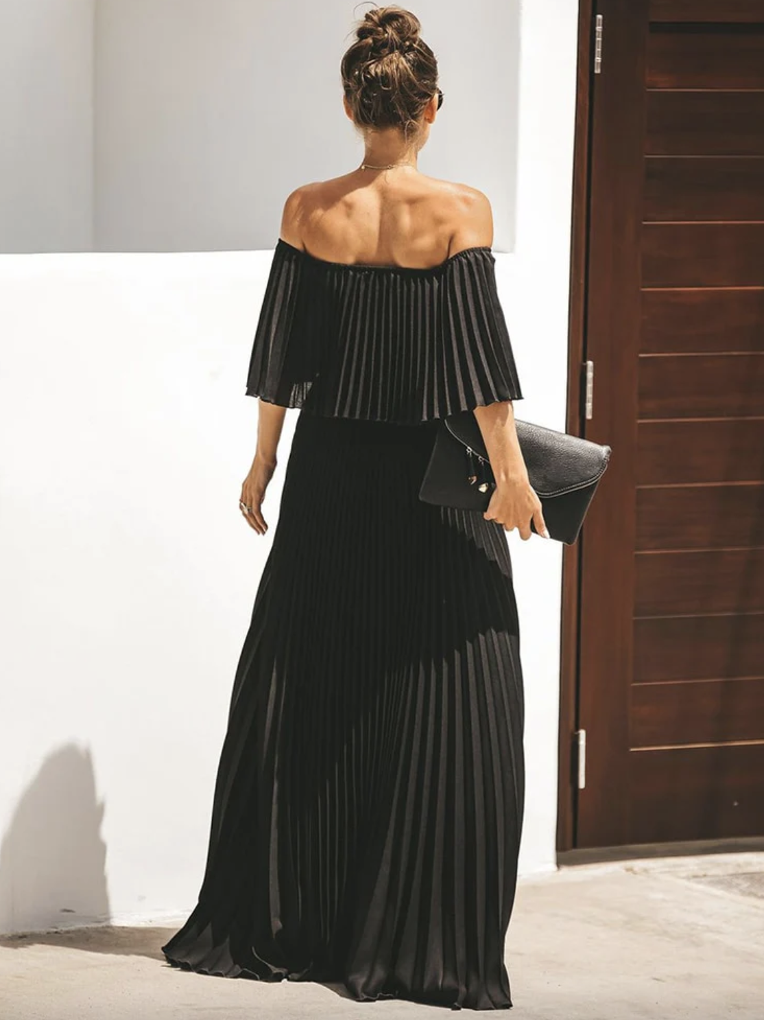 Bateau Neck Half Sleeves Pleated Asymmetrical Floor Length Maxi Dress