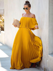 Bateau Neck Half Sleeves Pleated Asymmetrical Floor Length Maxi Dress