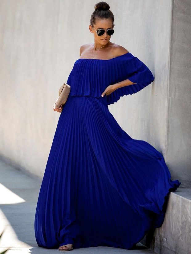 Bateau Neck Half Sleeves Pleated Asymmetrical Floor Length Maxi Dress