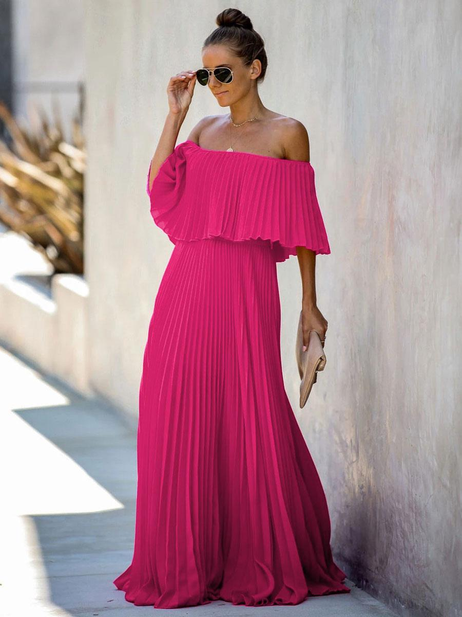 Bateau Neck Half Sleeves Pleated Asymmetrical Floor Length Maxi Dress