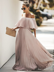 Bateau Neck Half Sleeves Pleated Asymmetrical Floor Length Maxi Dress