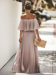 Bateau Neck Half Sleeves Pleated Asymmetrical Floor Length Maxi Dress