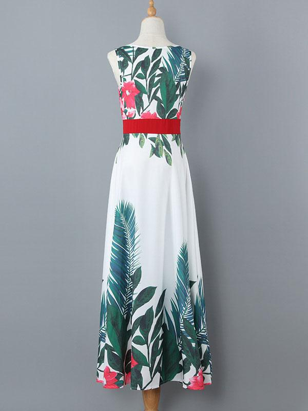 White V-Neck Floral Printed Sleeveless Layered Floor Length Maxi Dress