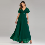 V-Neck Short Sleeves Semi Formal Chiffon Maxi Prom Dress