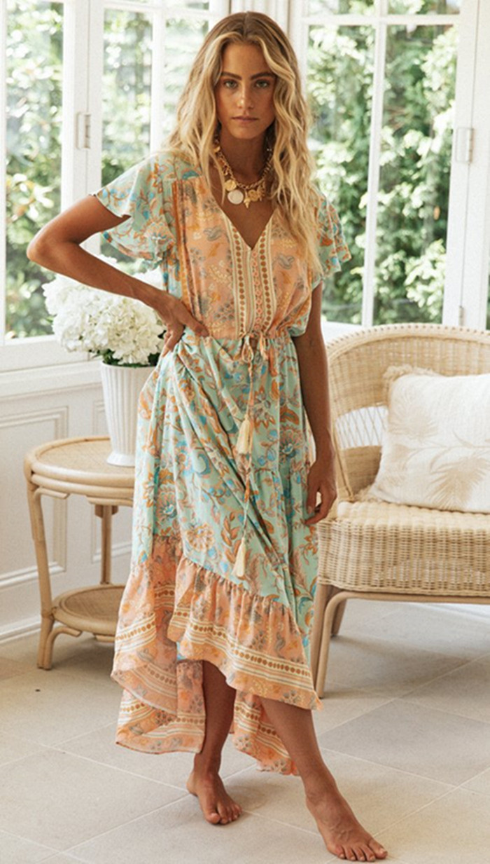 V-Neck Short Sleeves Floral Print Pleated Lace Up Maxi Dress