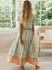 V-Neck Short Sleeves Floral Print Pleated Lace Up Maxi Dress