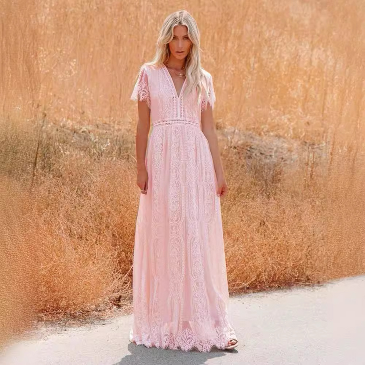 V-Neck Half Sleeves Lace Bohemian Floor Length Maxi Dress