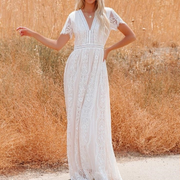 V-Neck Half Sleeves Lace Bohemian Floor Length Maxi Dress