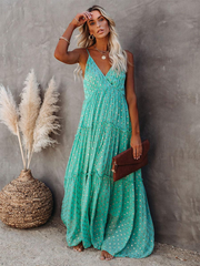 Green V-Neck Sleeveless Casual Floor Length Maxi Dress