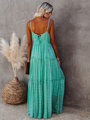 Green V-Neck Sleeveless Casual Floor Length Maxi Dress