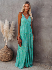 Green V-Neck Sleeveless Casual Floor Length Maxi Dress