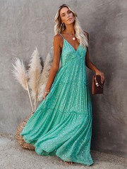 Green V-Neck Sleeveless Casual Floor Length Maxi Dress