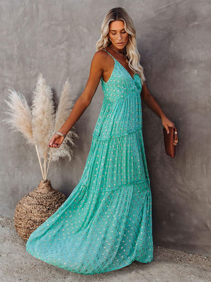 Green V-Neck Sleeveless Casual Floor Length Maxi Dress