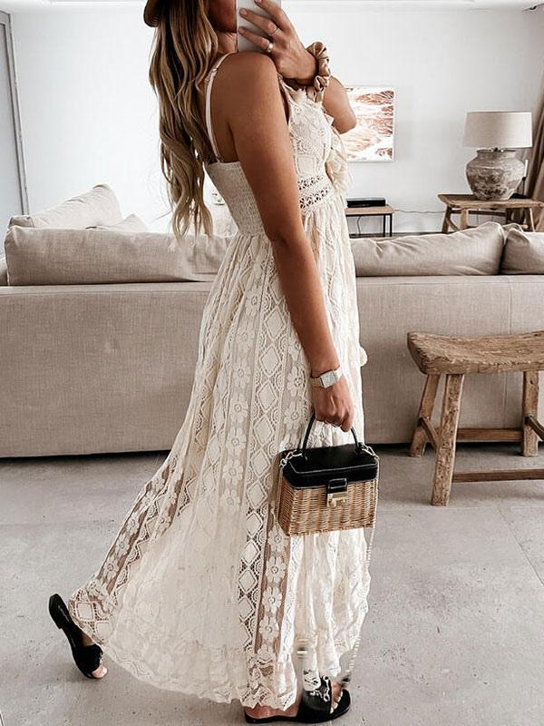 Off-The-Shoulder Sleeveless Lace Fringe Casual Dress