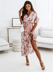 V-Neck Short Sleeves Floral Print Pleated Layered Casual Maxi Dress