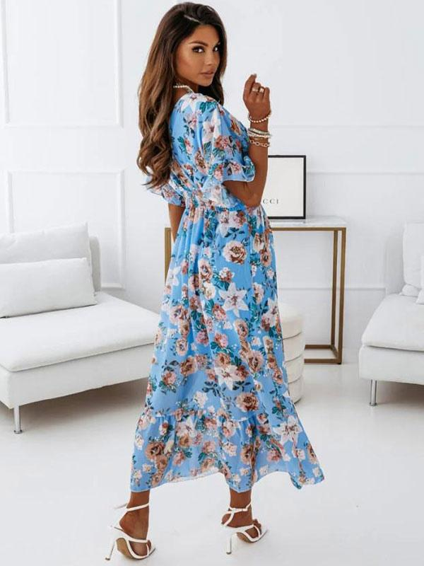 V-Neck Short Sleeves Floral Print Pleated Layered Casual Maxi Dress