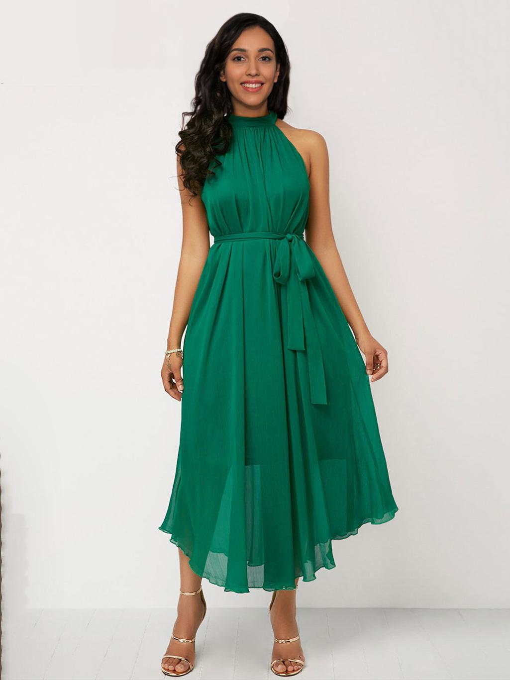 Irregular Halter Sleeveless Belted Prom Midi Dress