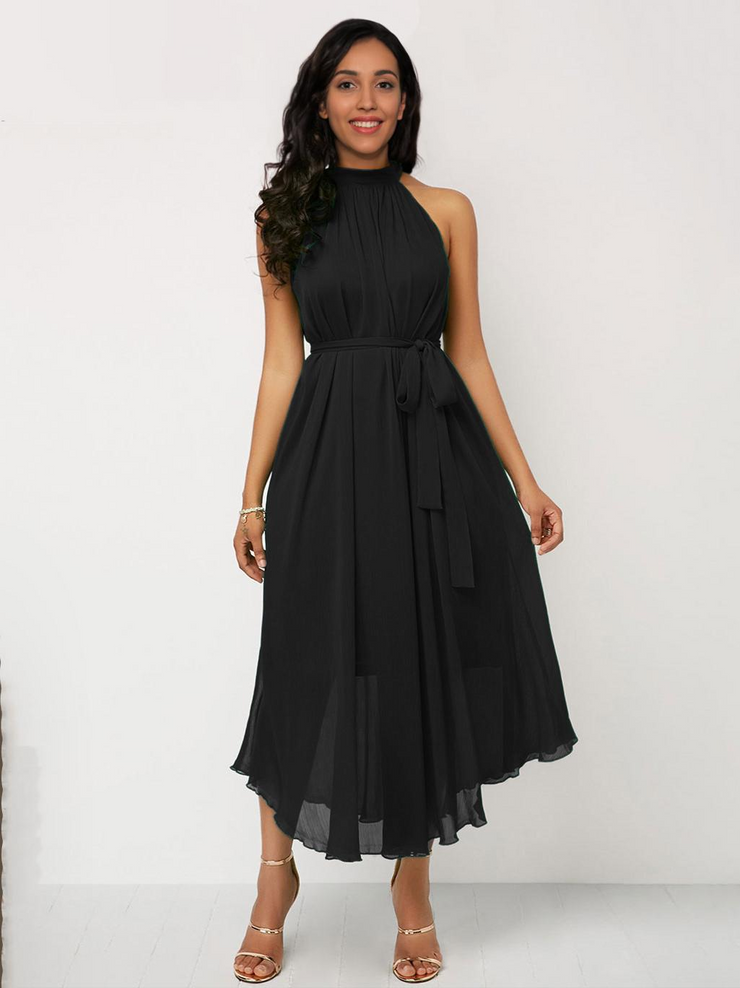 Irregular Halter Sleeveless Belted Prom Midi Dress