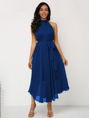 Irregular Halter Sleeveless Belted Prom Midi Dress