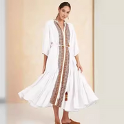 V-Neck 3/4 Length Sleeves Embroidered Bohemian Boho Midi Dress