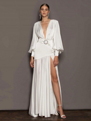 White V-Neck Long Sleeves High-Slit Maxi Party Prom Dress