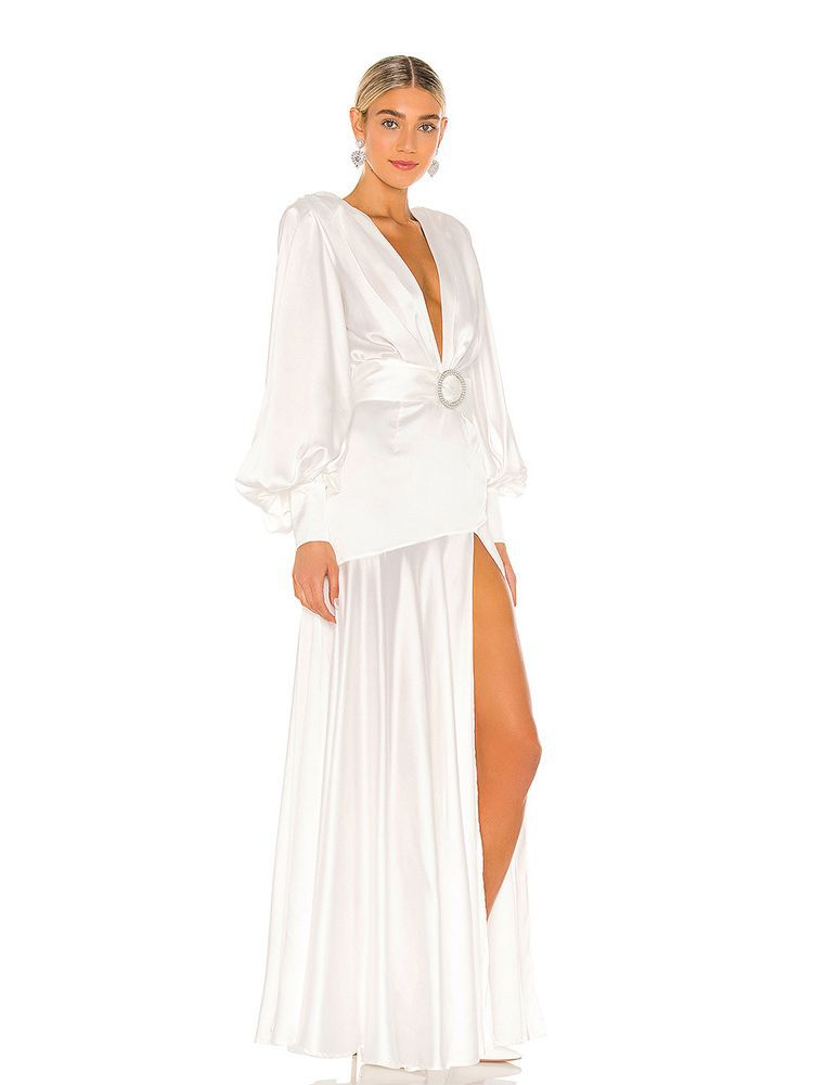 White V-Neck Long Sleeves High-Slit Maxi Party Prom Dress