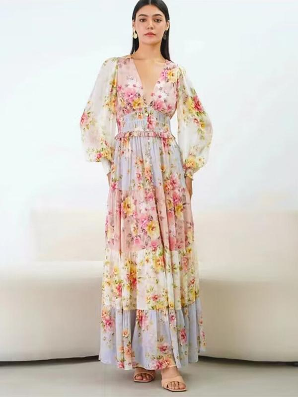 Pink V-Neck Floral Buttons Tiered Long Sleeves Maxi Dress