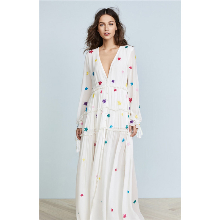 Cotton Deep V-Neck Long Sleeves Bohemian Maxi Beach Dress