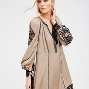 Deep V-Neck Tassel Long Sleeves Embroidered Boho Mini Dress