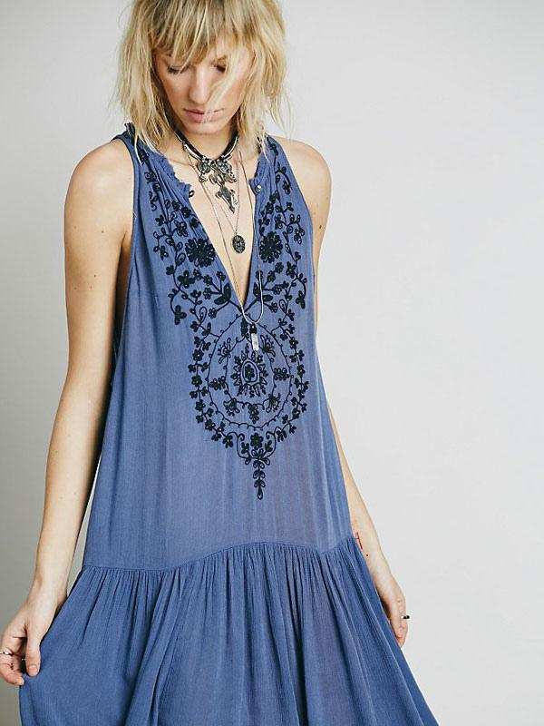 V-Neck Embroidered Sleeveless Bohemian Gypsy Beach Maxi Dress