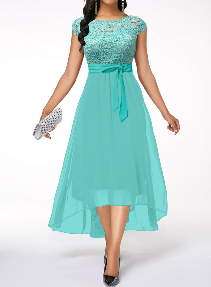 Turquoise Lace High Low Short Sleeve Dress