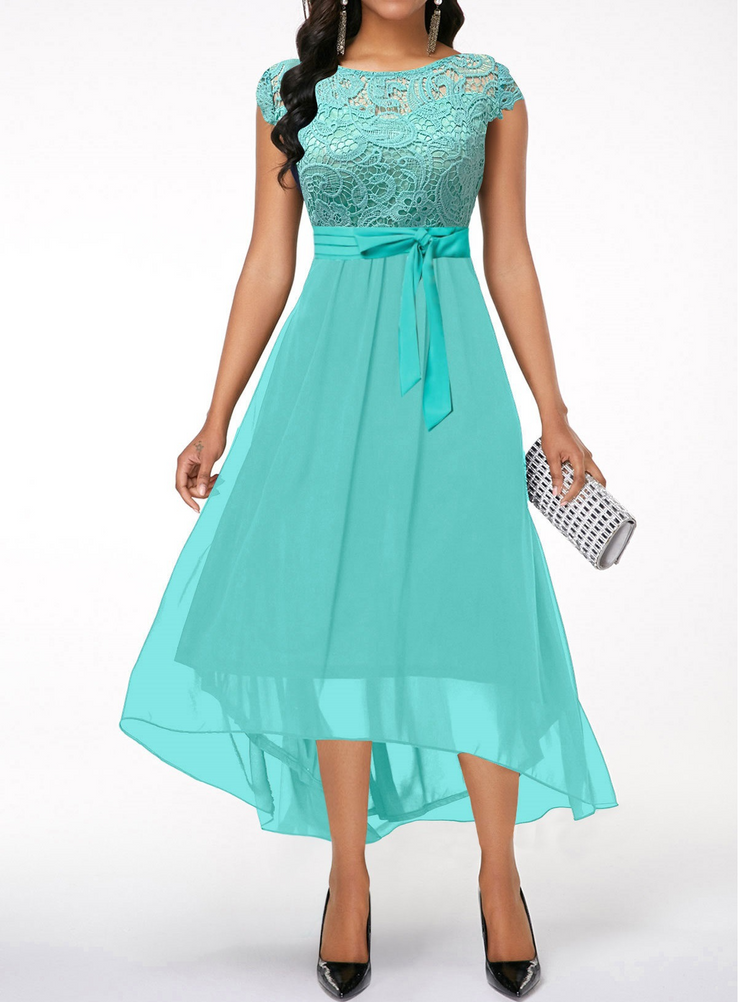 Turquoise Lace High Low Short Sleeve Dress