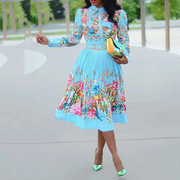 Pleated Print Long Sleeve Mid-Calf Lapel Standard-Waist Pullover A-line Dress