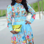 Pleated Print Long Sleeve Mid-Calf Lapel Standard-Waist Pullover A-line Dress