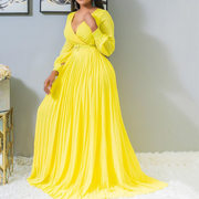 Plus Size Pleated Floor-Length Expansion Yellow Maxi Dress