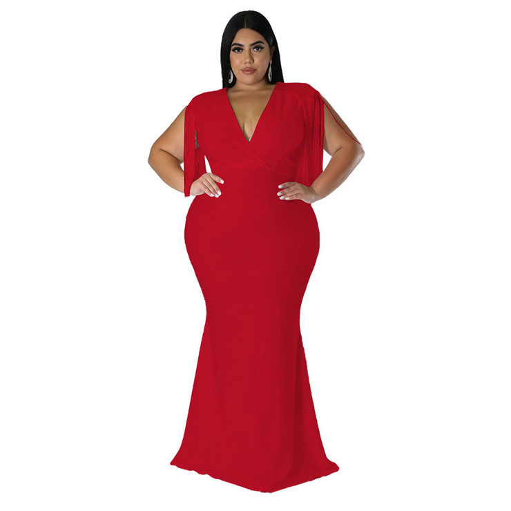 Tassel V-Neck Floor-Length Plain Pullover Plus Size Maxi Dress