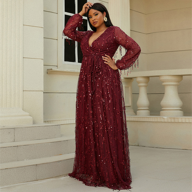 Dark Red Sequined V-Neck Formal Evening Dress