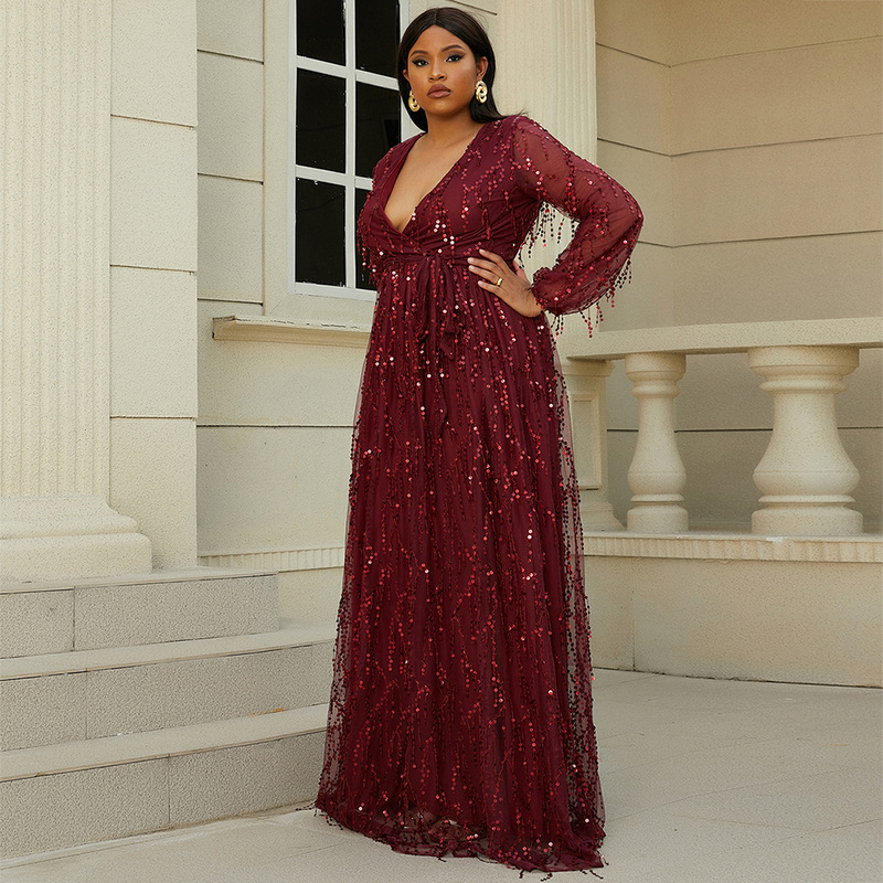 Dark Red Sequined V-Neck Formal Evening Dress