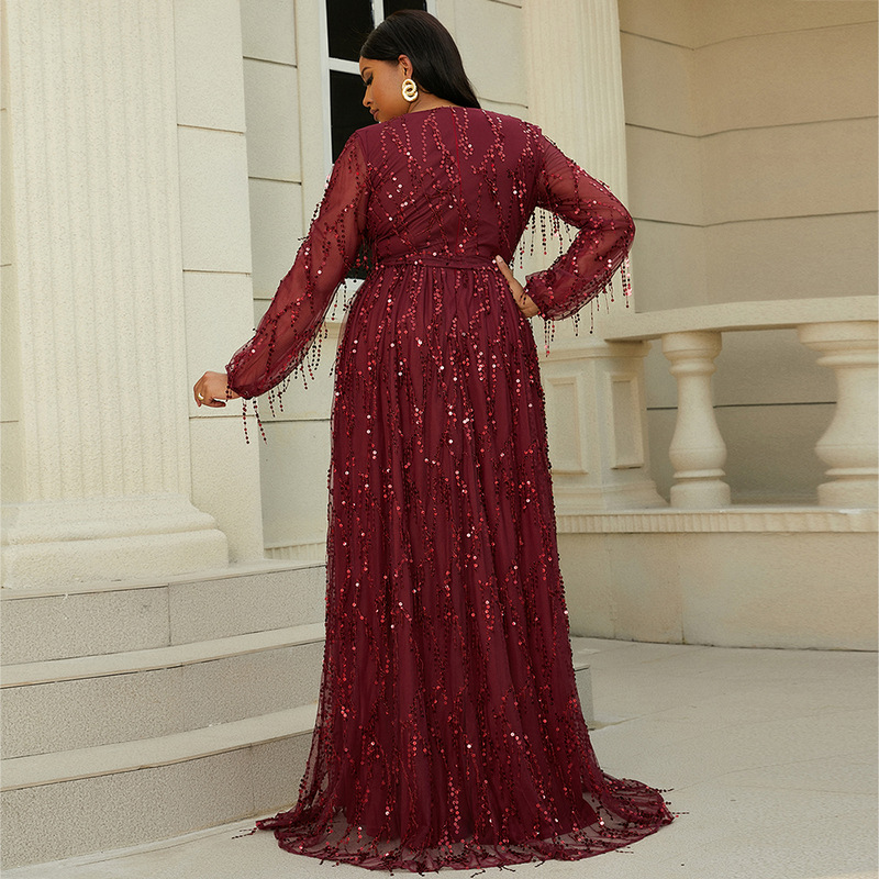 Dark Red Sequined V-Neck Formal Evening Dress