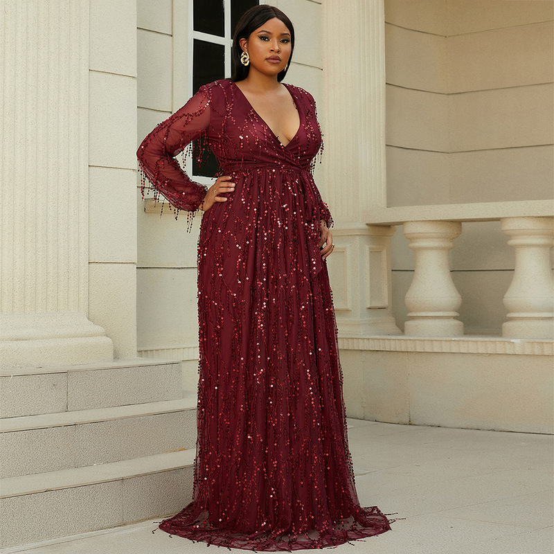 Dark Red Sequined V-Neck Formal Evening Dress