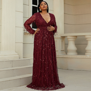 Dark Red Sequined V-Neck Formal Evening Dress