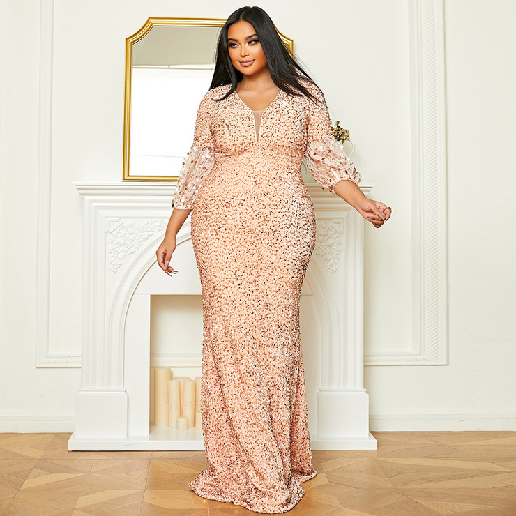 Pink V-Neck Sequin Evening Dress