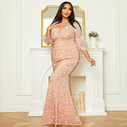 Pink V-Neck Sequin Evening Dress