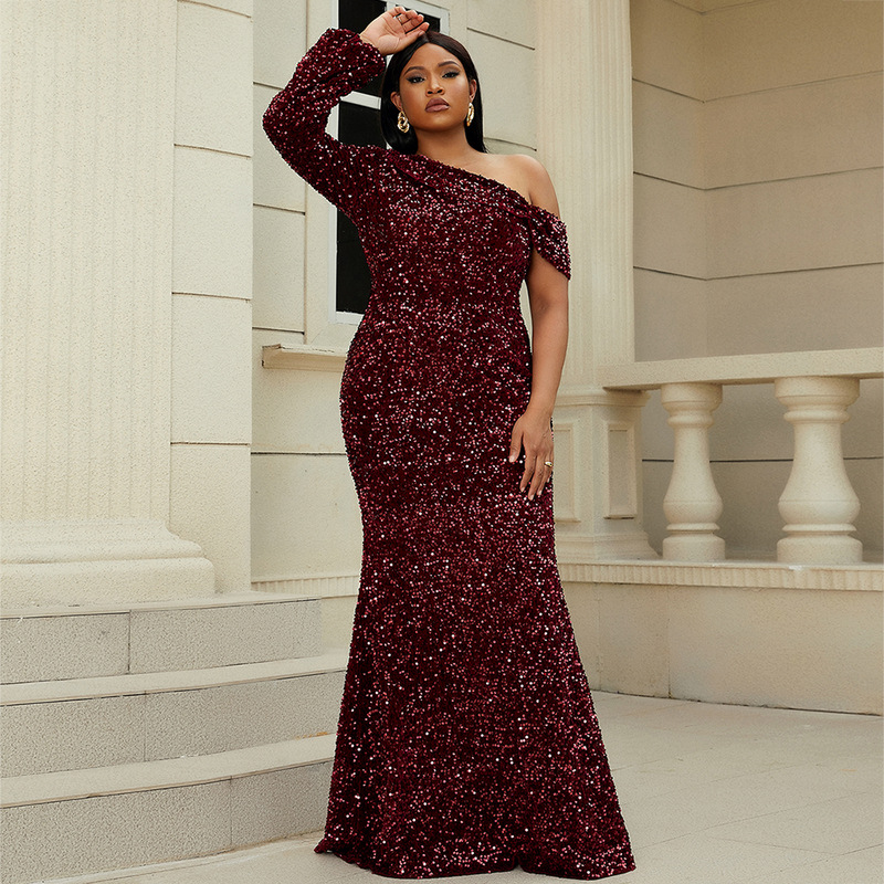 Plus Size Oblique Collar Evening Dress