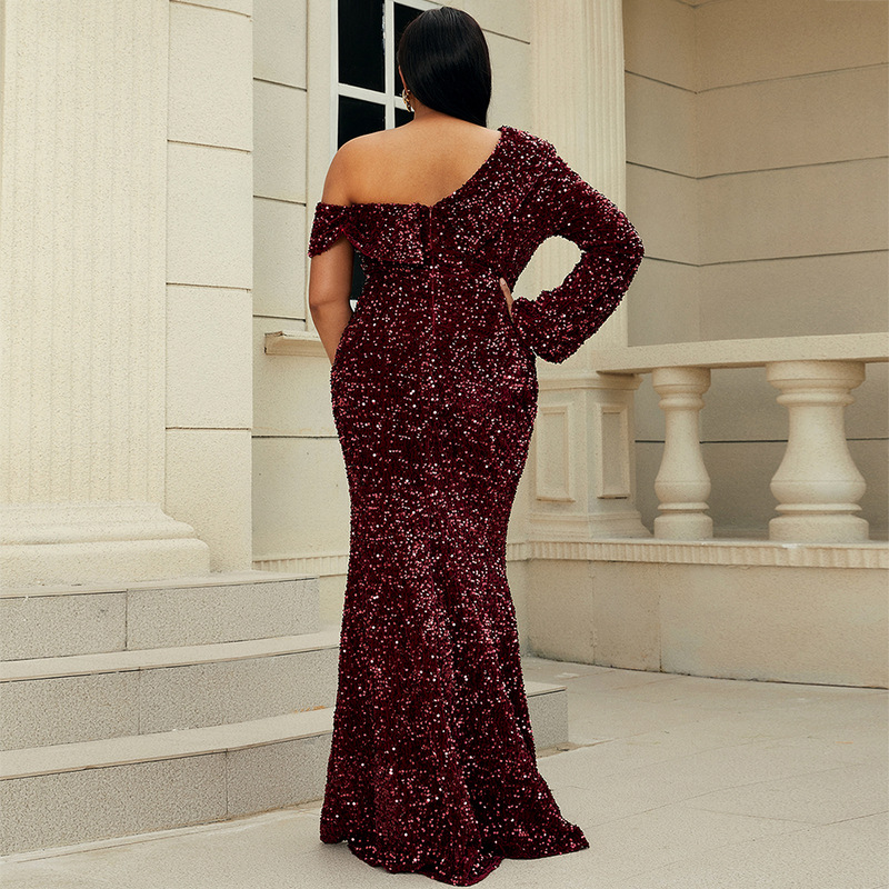 Plus Size Oblique Collar Evening Dress